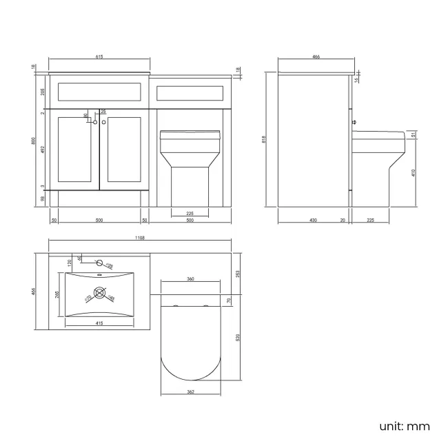 Milos Fog Grey Combination Vanity Basin and Miami Toilet 1100mm - Chrome Handles