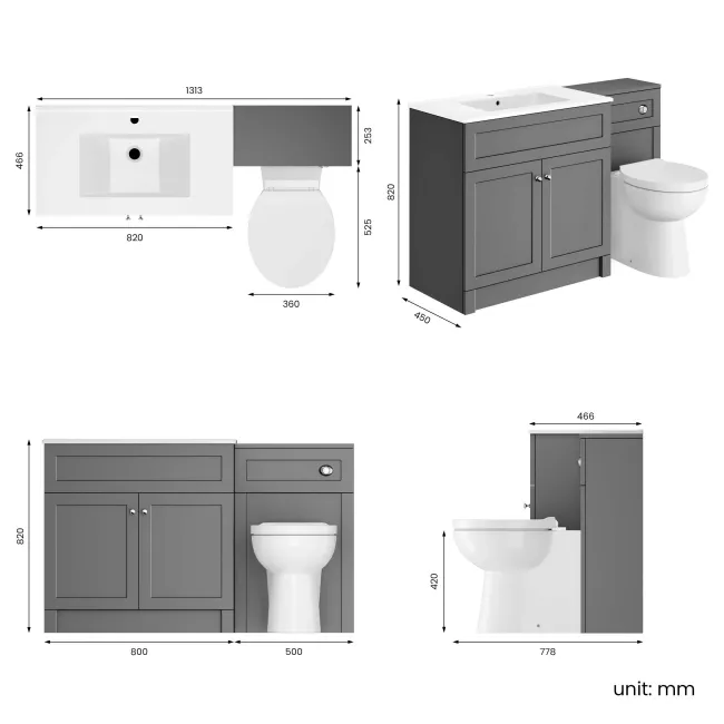 Milos Fog Grey Combination Vanity Basin and Austin Toilet 1300mm - Chrome Handles