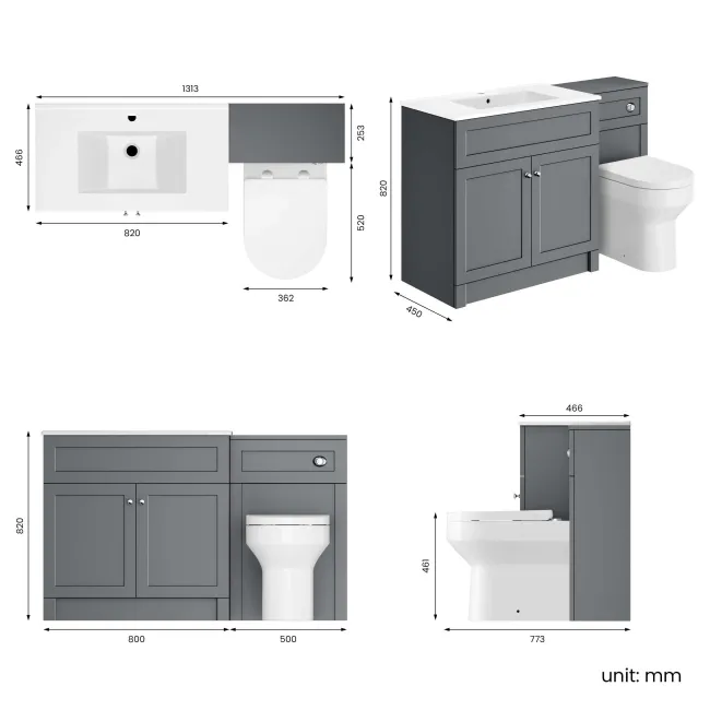 Milos Fog Grey Combination Vanity Basin and Miami Toilet 1300mm - Chrome Handles