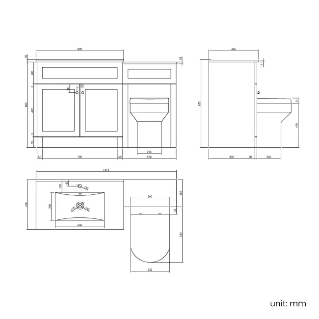 Milos Fog Grey Combination Vanity Basin and Miami Toilet 1300mm - Chrome Handles