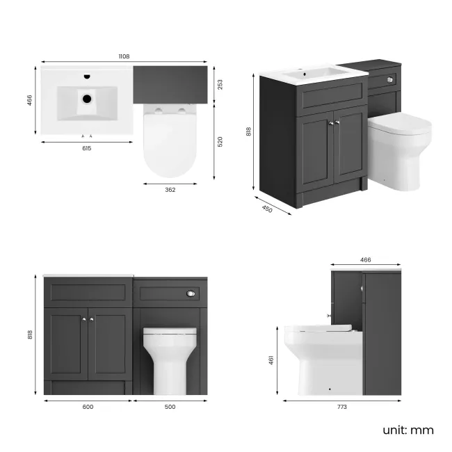 Milos Slate Grey Combination Vanity Basin and Miami Toilet 1100mm - Chrome Handles