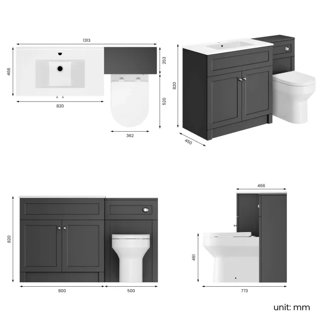 Milos Slate Grey Combination Vanity Basin and Miami Toilet 1300mm - Chrome Handles