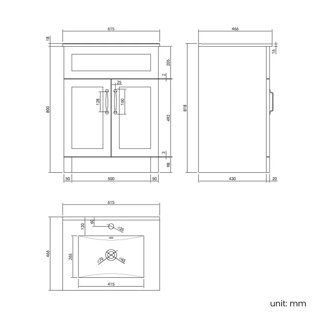 Milos Slate Grey Basin Vanity 600mm - Traditional Handles