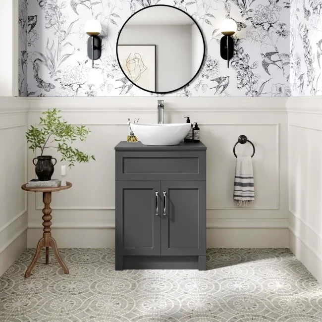 Milos Slate Grey Vanity with Oval Basin 600mm - Traditional Handles
