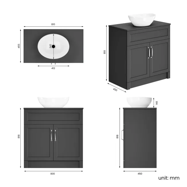 Milos Slate Grey Vanity with Oval Basin 800mm - Traditional Handles