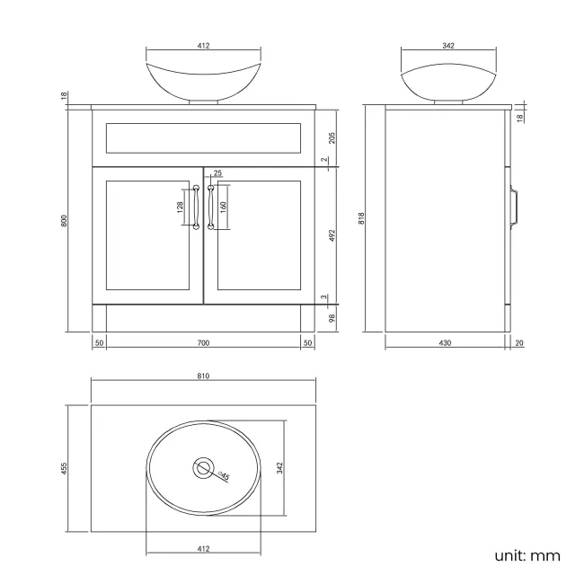 Milos Slate Grey Vanity with Oval Basin 800mm - Traditional Handles