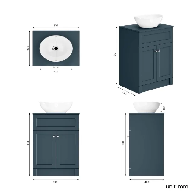 Milos Navy Blue Vanity with Oval Basin 600mm - Brushed Handles