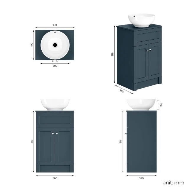 Milos Navy Blue Vanity with Mesa Basin 500mm - Chrome Handles