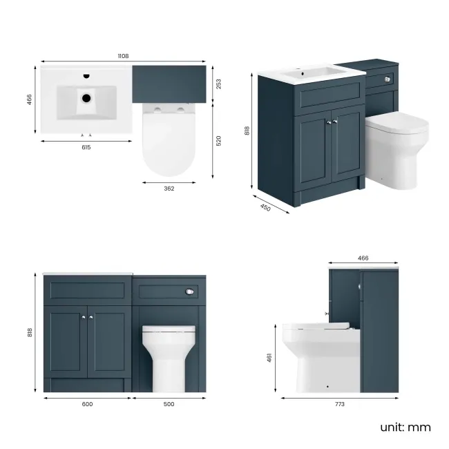 Milos Navy Blue Combination Vanity Basin and Miami Toilet 1100mm - Chrome Handles