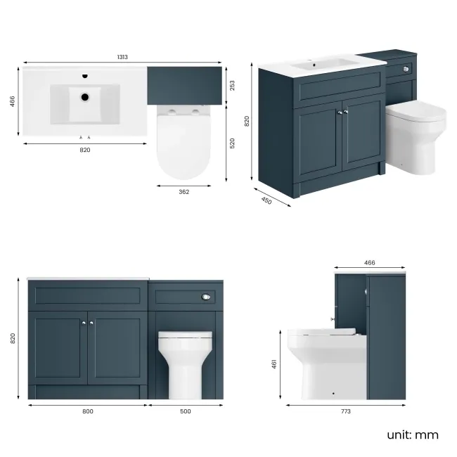 Milos Navy Blue Combination Vanity Basin and Miami Toilet 1300mm - Chrome Handles
