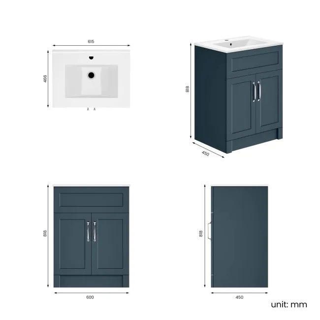 Milos Navy Blue Basin Vanity 600mm - Traditional Handles