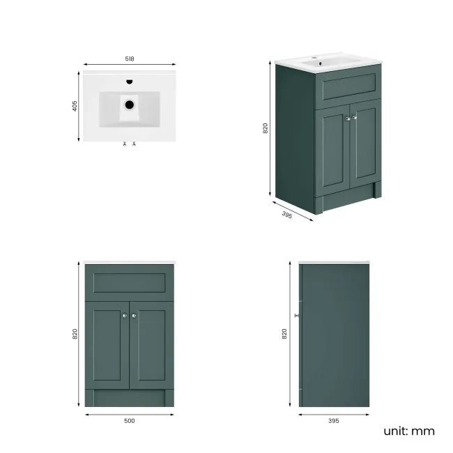 Milos Mystic Green Basin Vanity 500mm - Brushed Handles
