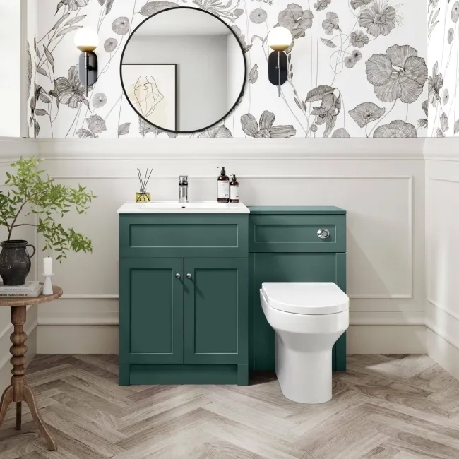 Milos Mystic Green Combination Vanity Basin and Miami Toilet 1100mm - Chrome Handles
