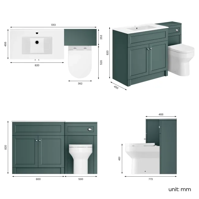 Milos Mystic Green Combination Vanity Basin and Miami Toilet 1300mm - Chrome Handles