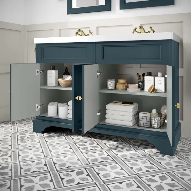 Lucia Inky Blue Double Basin Vanity 1200mm - Brushed Brass Accents