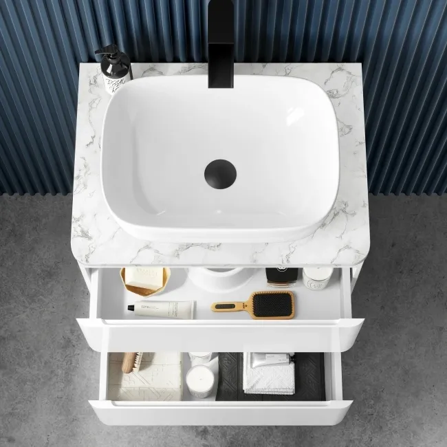 Corsica Gloss White Wall Hung Drawer Vanity with Marble Top & Curved Counter Top Basin 600mm
