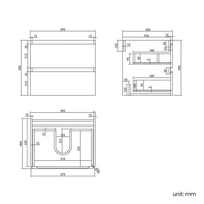 Corsica Gloss White Wall Hung Drawer Vanity with Marble Top & Curved Counter Top Basin 600mm
