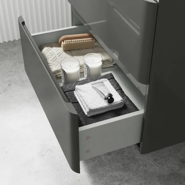 Corsica Tungsten Grey Wall Hung Drawer Vanity with Marble Top & Curved Counter Top Basin 600mm