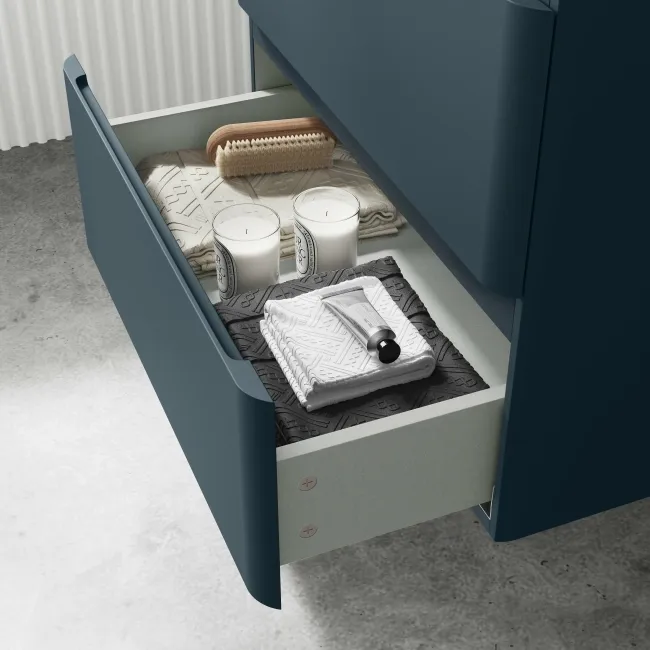 Corsica Inky Blue Wall Hung Drawer Vanity with Marble Top & Curved Counter Top Basin 600mm