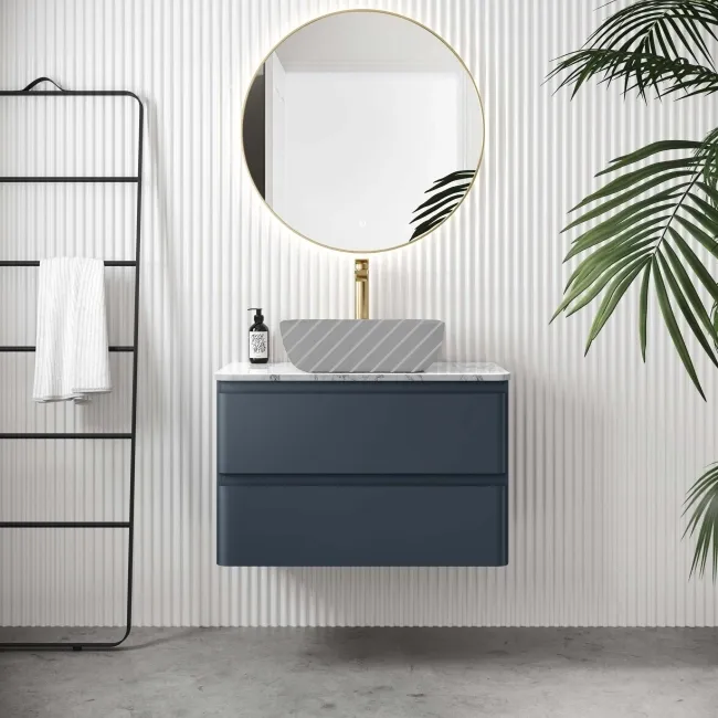 Corsica Inky Blue Wall Hung Drawer Vanity with Marble Top 800mm - Excludes Counter Top Basin