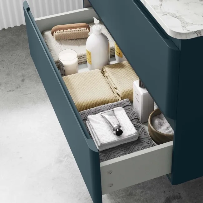 Corsica Inky Blue Wall Hung Drawer Vanity with Marble Top & Curved Counter Top Basin 800mm