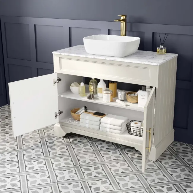 Lucia Chalk White Vanity with Marble Top & Curved Counter Top Basin 1030mm - Brass Knurled Handles