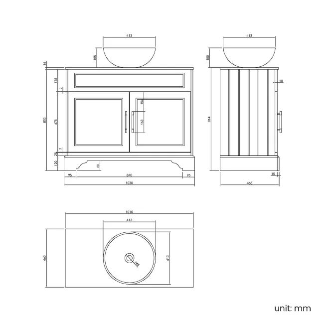 Lucia Graphite Grey Vanity with Marble Top & Round Counter Top Basin 1030mm - Brass Knurled Handles