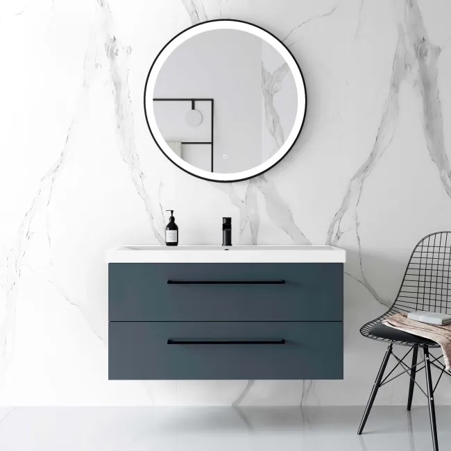 Elba Inky Blue Wall Hung Basin Drawer Vanity 1000mm - Black Accents