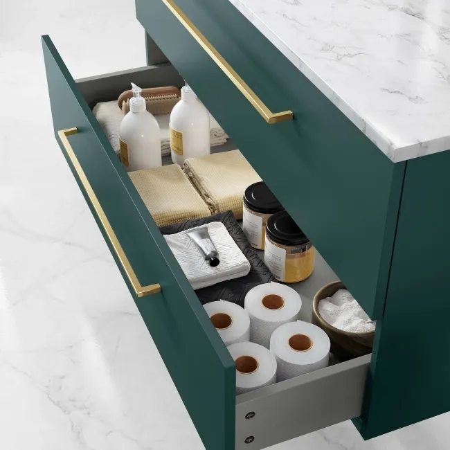 Elba Midnight Green Wall Hung Drawer Vanity with Marble Top & Curved Counter Top Basin 1000mm - Brushed Brass Accents