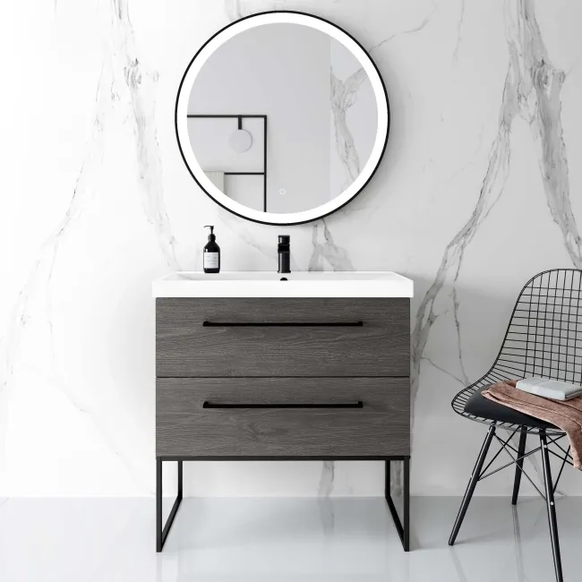 Elba Charcoal Elm Wall Hung Basin Drawer Vanity 800mm with Matt Black Stand