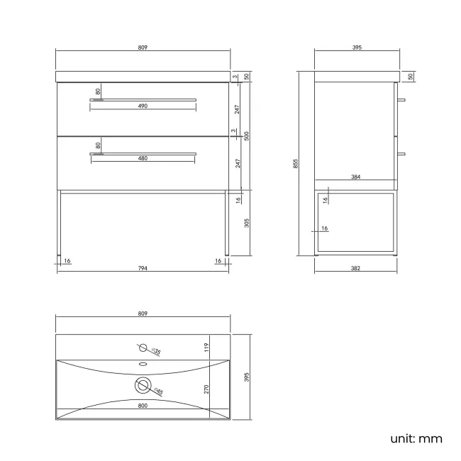Elba Charcoal Elm Wall Hung Basin Drawer Vanity 800mm with Matt Black Stand