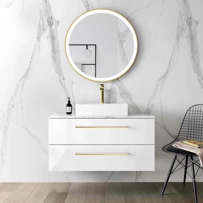 Elba Gloss White Wall Hung Drawer Vanity with Marble Top & Cody Basin 1000mm - Brushed Brass Accents
