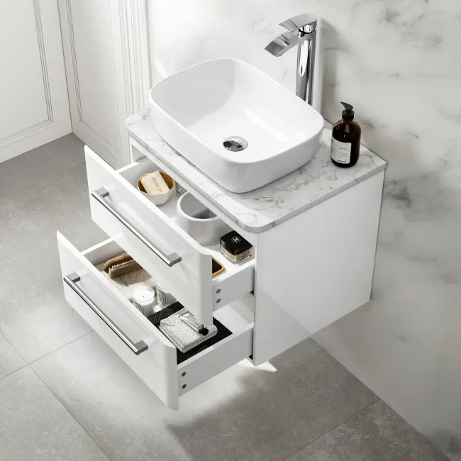 Omaha Gloss White Wall Hung Drawer Vanity with Marble Top & Curved Counter Top Basin 600mm