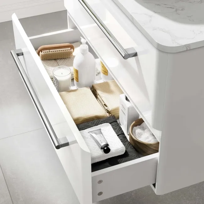 Omaha Gloss White Wall Hung Drawer Vanity with Marble Top & Curved Counter Top Basin 800mm