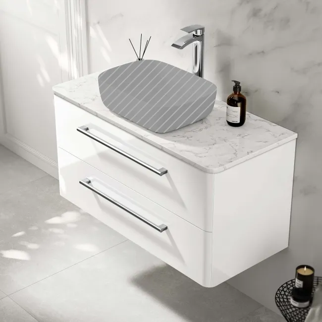 Omaha Gloss White Wall Hung Drawer Vanity with Marble Top 1000mm - Excludes Counter Top Basin