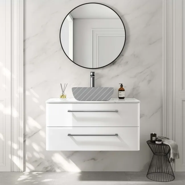 Omaha Gloss White Wall Hung Drawer Vanity with Marble Top 1000mm - Excludes Counter Top Basin