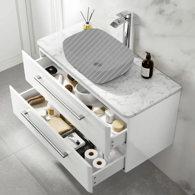 Omaha Gloss White Wall Hung Drawer Vanity with Marble Top 1000mm - Excludes Counter Top Basin