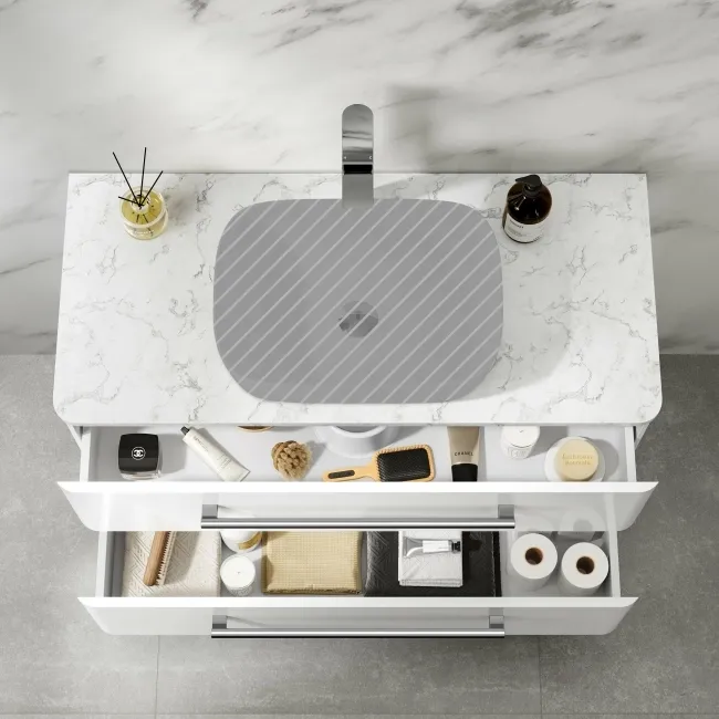 Omaha Gloss White Wall Hung Drawer Vanity with Marble Top 1000mm - Excludes Counter Top Basin