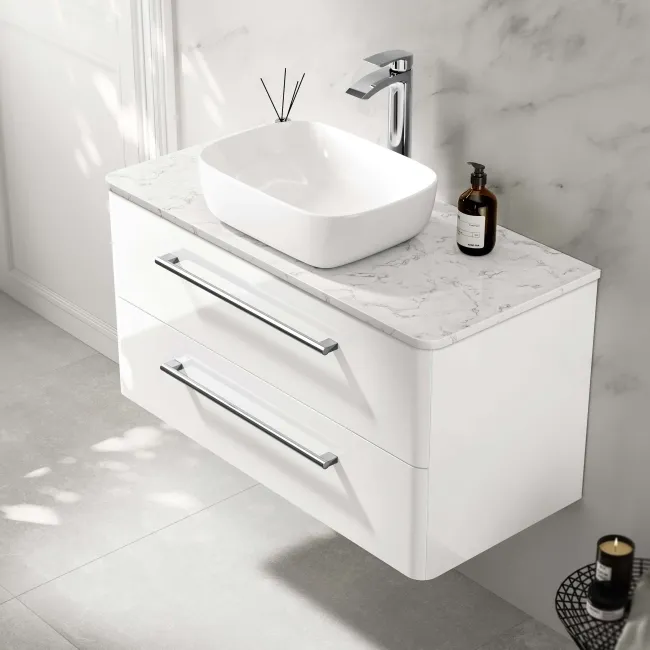 Omaha Gloss White Wall Hung Drawer Vanity with Marble Top & Curved Counter Top Basin 1000mm