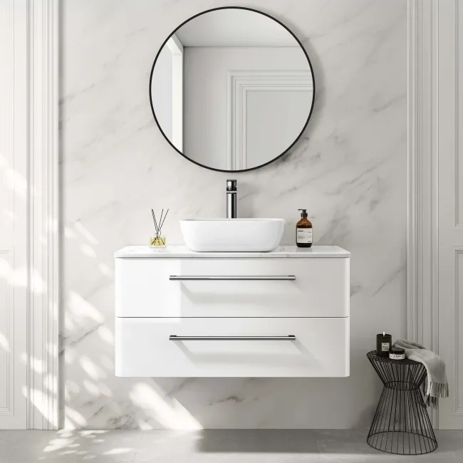 Omaha Gloss White Wall Hung Drawer Vanity with Marble Top & Curved Counter Top Basin 1000mm