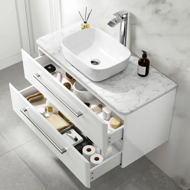 Omaha Gloss White Wall Hung Drawer Vanity with Marble Top & Curved Counter Top Basin 1000mm