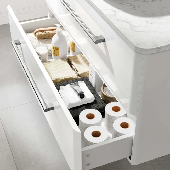Omaha Gloss White Wall Hung Drawer Vanity with Marble Top & Curved Counter Top Basin 1000mm