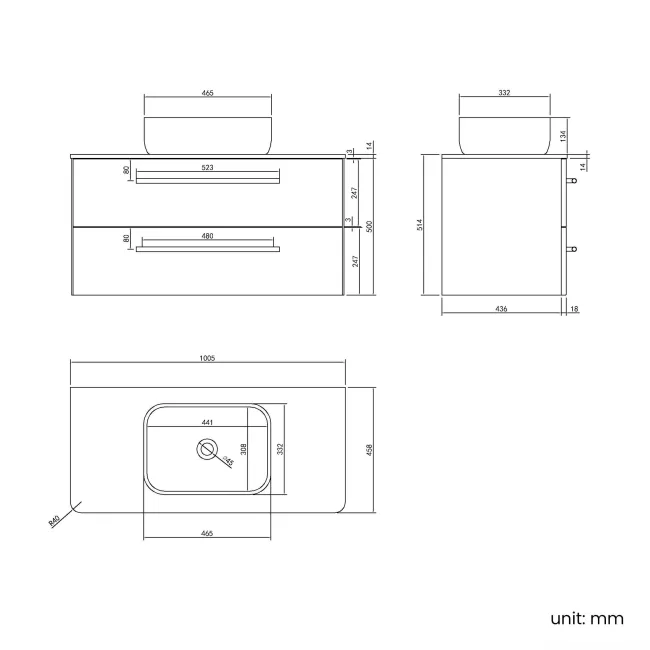 Omaha Gloss White Wall Hung Drawer Vanity with Marble Top & Curved Counter Top Basin 1000mm