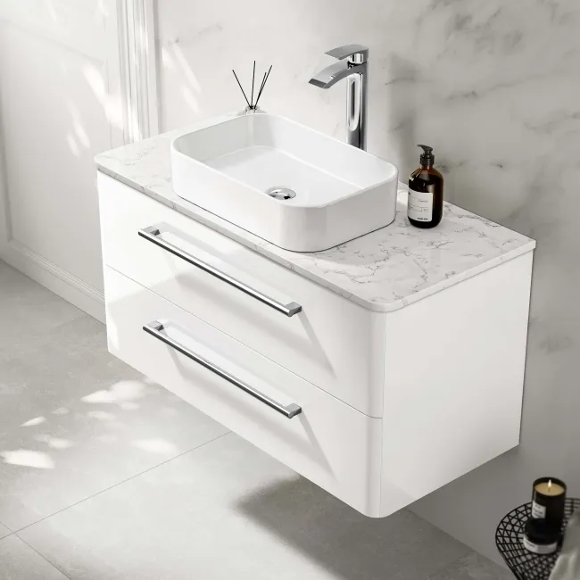 Omaha Gloss White Wall Hung Drawer Vanity with Marble Top & Marin Basin 1000mm