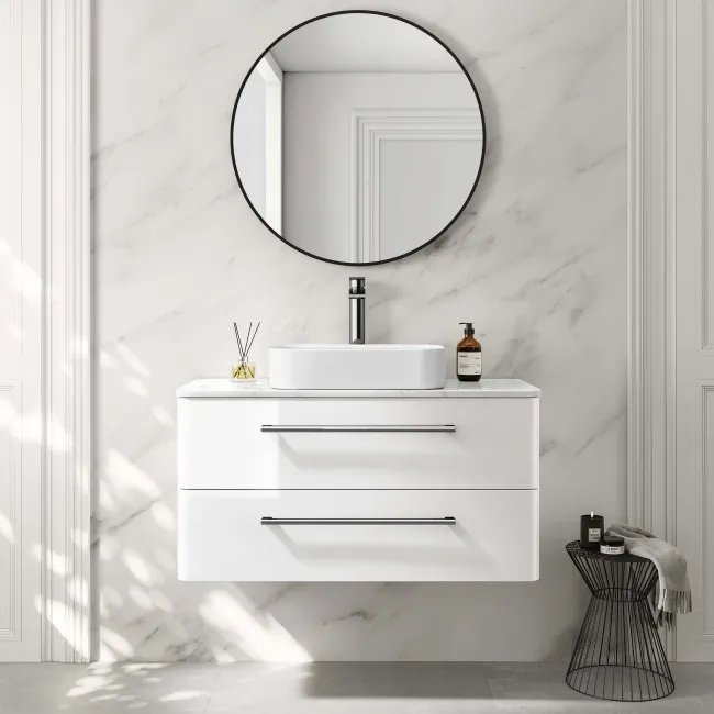 Omaha Gloss White Wall Hung Drawer Vanity with Marble Top & Marin Basin 1000mm