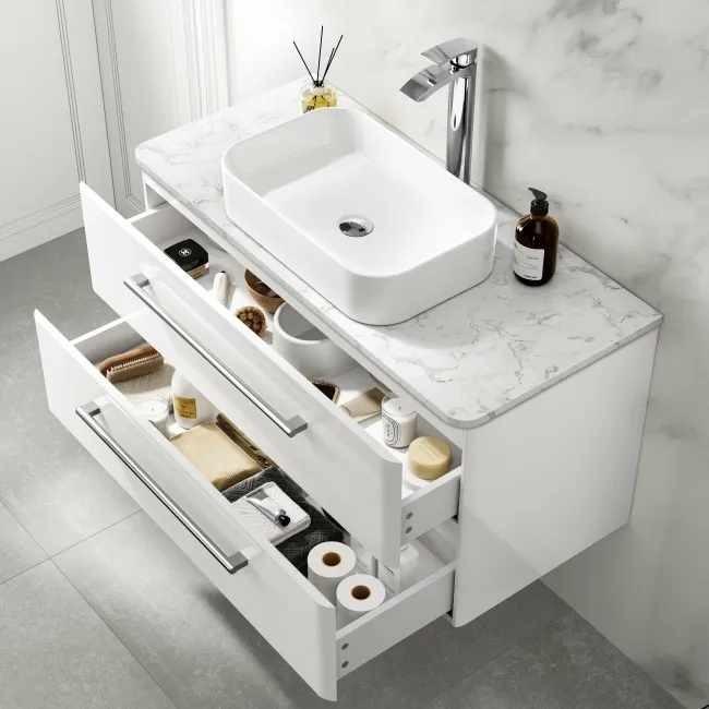Omaha Gloss White Wall Hung Drawer Vanity with Marble Top & Marin Basin 1000mm
