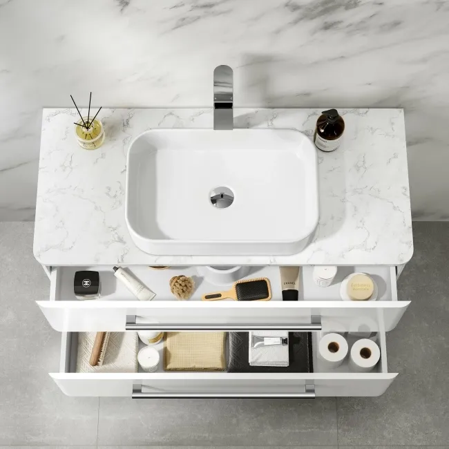 Omaha Gloss White Wall Hung Drawer Vanity with Marble Top & Marin Basin 1000mm