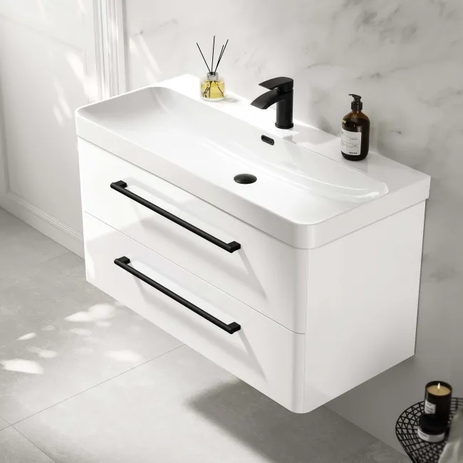 Omaha Gloss White Wall Hung Basin Drawer Vanity 1000mm - Black Accents