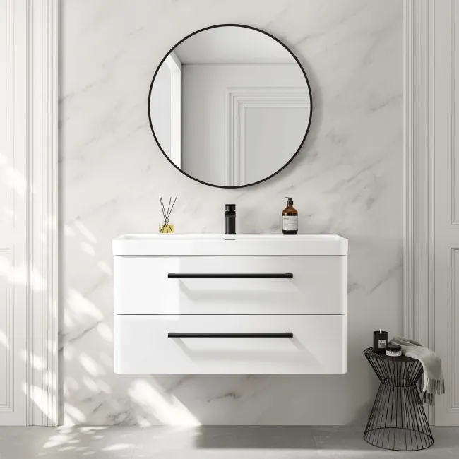 Omaha Gloss White Wall Hung Basin Drawer Vanity 1000mm - Black Accents