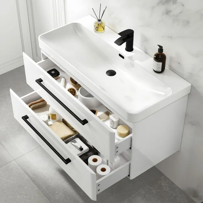 Omaha Gloss White Wall Hung Basin Drawer Vanity 1000mm - Black Accents